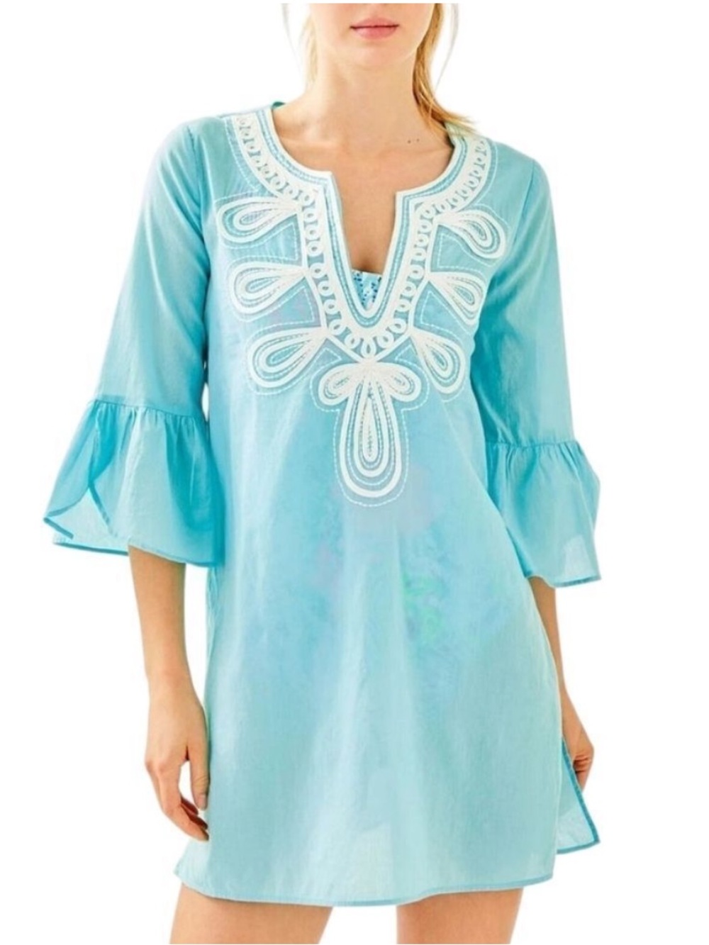 Lilly Pulitzer Piet Coverup Embroidered Tunic Dress in Light Aqua Sz S
